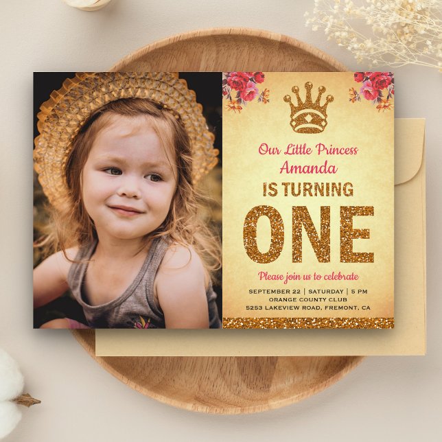 Invitación Foto de la Princesa Real Dorada Primera Fiesta de  (Subido por el creador)