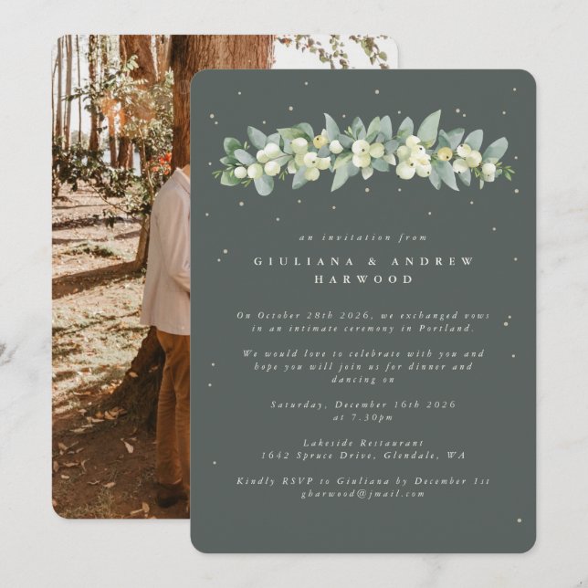 Invitación Foto de la recepción de bodas de Snowberry verde+E (Anverso / Reverso)