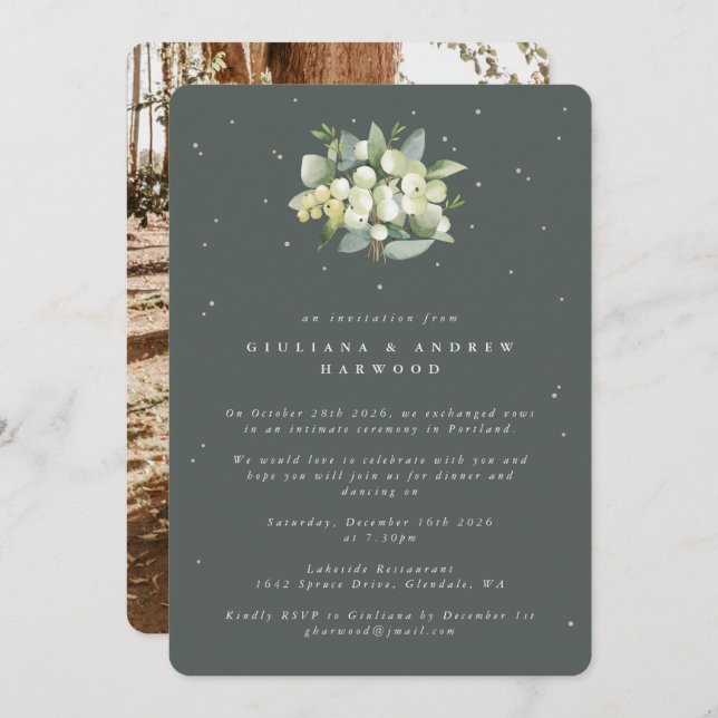 Invitación Foto de la recepción de bodas de Snowberry verde+E (Anverso / Reverso)