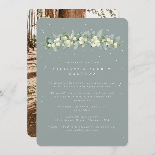 Invitación Foto de la recepción de bodas de Snowberry verde+E (Anverso / Reverso)