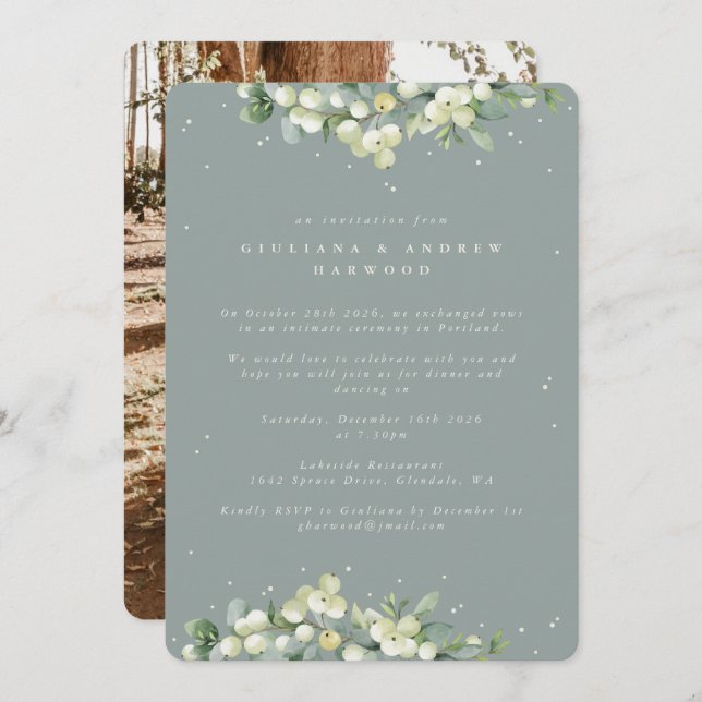 Invitación Foto de la recepción de bodas de Snowberry verde+E (Anverso / Reverso)