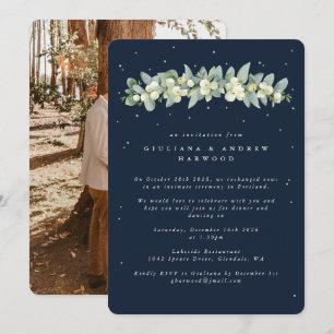 Invitación Foto de la recepción de bodas Navy Snowberry+Eucal