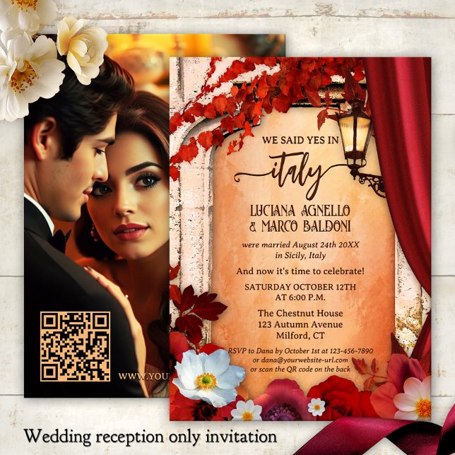 Invitación Foto de la recepción del Elopement de la Caída en  (Italian wedding reception only or elopement invitation featuring a roman arch with fall leaves)