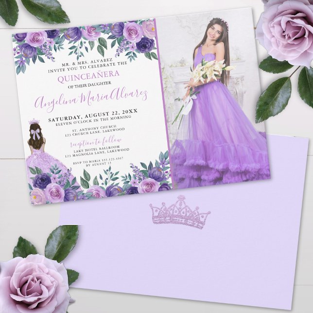 Invitación Foto de Lavender Floral Purple Quinceanera (Lavender Photo Floral Purple Quinceanera Invitation )