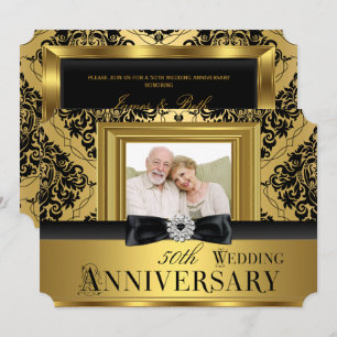 Invitación Foto de lazo de damasco dorado para 50 aniversario