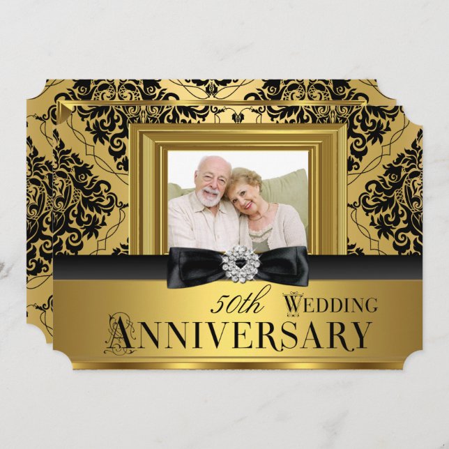Invitación Foto de lazo de damasco dorado para 50 aniversario (Anverso / Reverso)