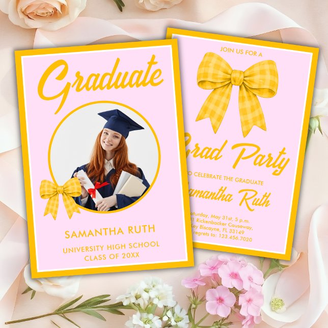Invitación Foto de lazo de gingham amarillo Fiesta de graduac (Subido por el creador)