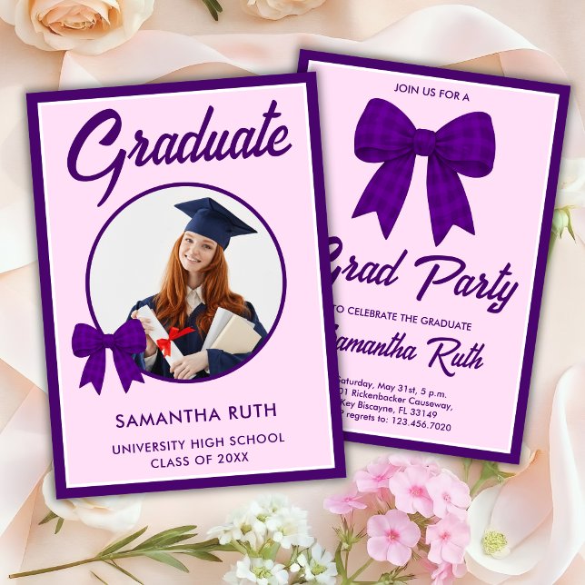 Invitación Foto de lazo de gingham morado Fiesta de graduació (Subido por el creador)