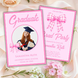Invitación Foto de lazo de gingham rosa Fiesta de graduación