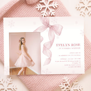 Invitación Foto de lazo rosa de invierno copo de nieve Cumple