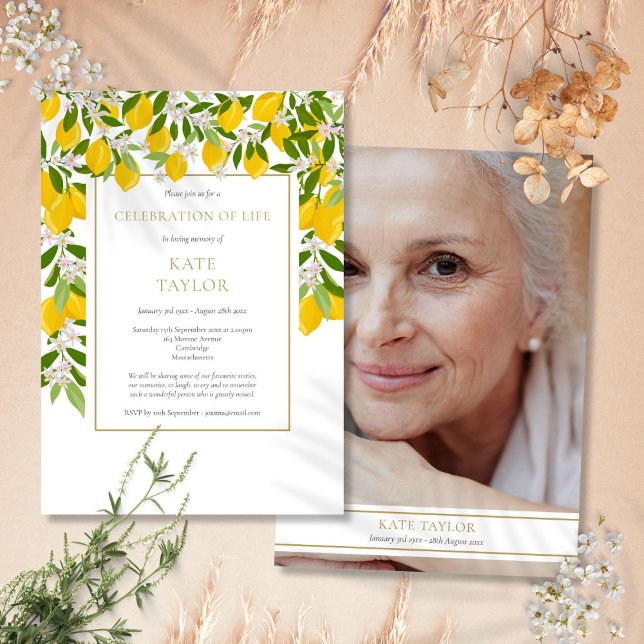 Invitación Foto de Lemons Blossom Celebración del funeral de  (Lemons Blossom Photo Funeral Celebration of Life Invitation)