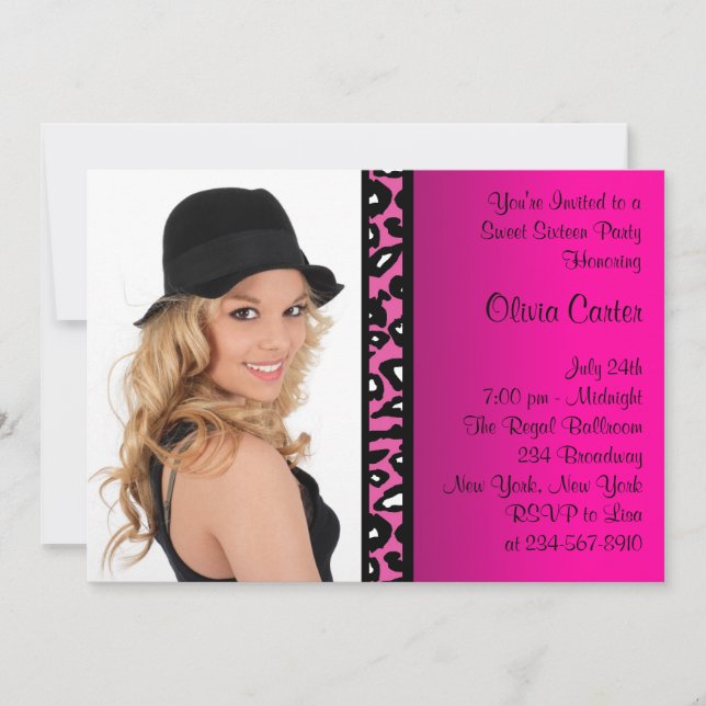 Invitación Foto De Leopardo Rosa Dulce Fiesta De Cumpleaños D (Anverso)