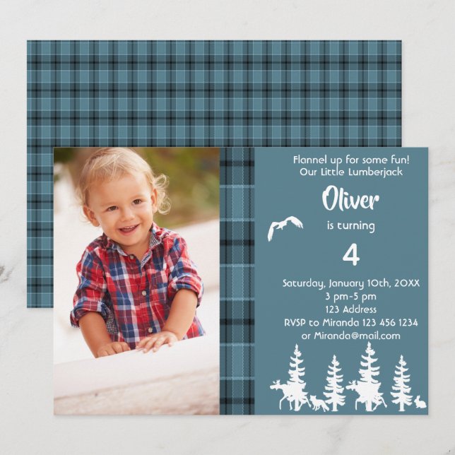 Invitación Foto de lumberjack cuarto cumpleaños fiesta niño a (Anverso / Reverso)