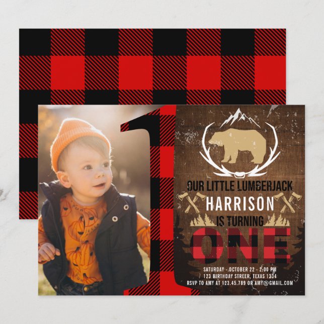 Invitación Foto de Lumberjack First Birday Wood Plaid (Anverso / Reverso)