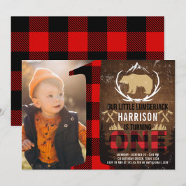 Invitación Foto de Lumberjack First Birday Wood Plaid