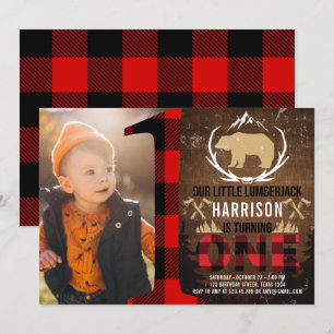Invitación Foto de Lumberjack First Birday Wood Plaid