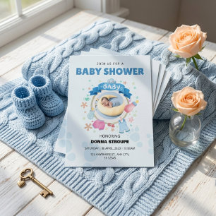 Invitación Foto de Luna Azul Adorable Cinta Baby Shower