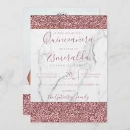 Invitación Foto de Marble Quinceanera, Purpurina Rosa Girona