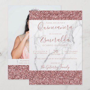 Invitación Foto de Marble Quinceanera, Purpurina Rosa Girona