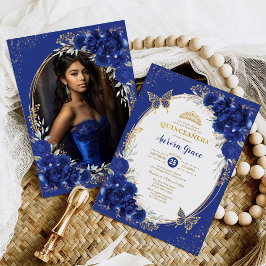 Invitación Foto de mariposa de flor azul real de Quinceañera