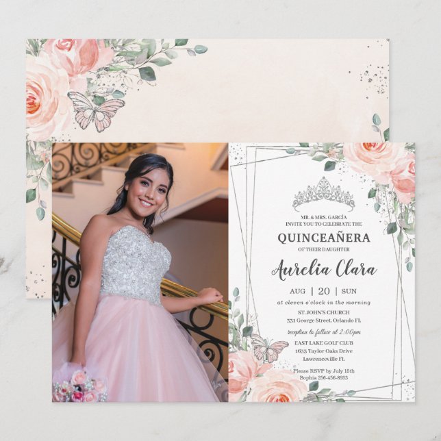 Invitación Foto de mariposa de Rosa floral rosa de Quinceañer (Anverso / Reverso)