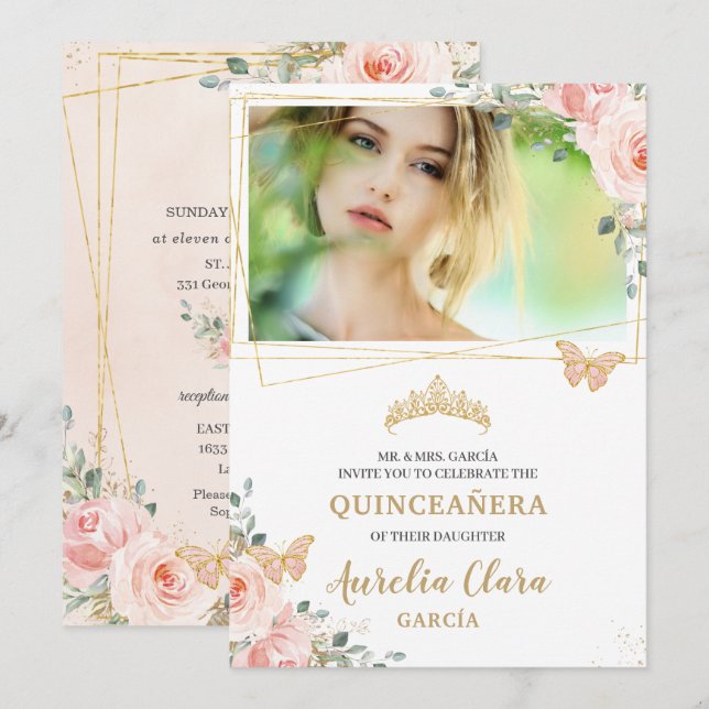 Invitación Foto de mariposa floral rosa rosa de Quinceañera R (Anverso / Reverso)