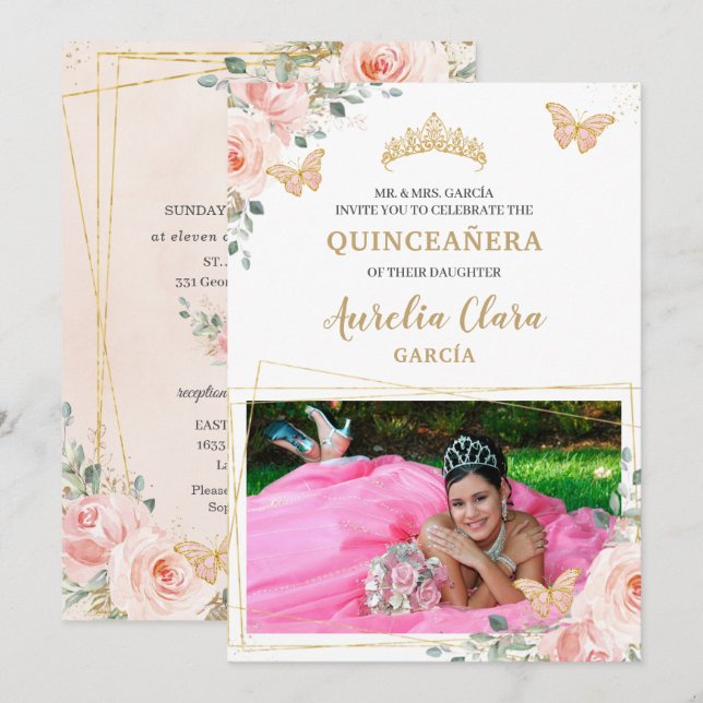 Invitación Foto de mariposa floral rosa rosa de Quinceañera R (Anverso / Reverso)