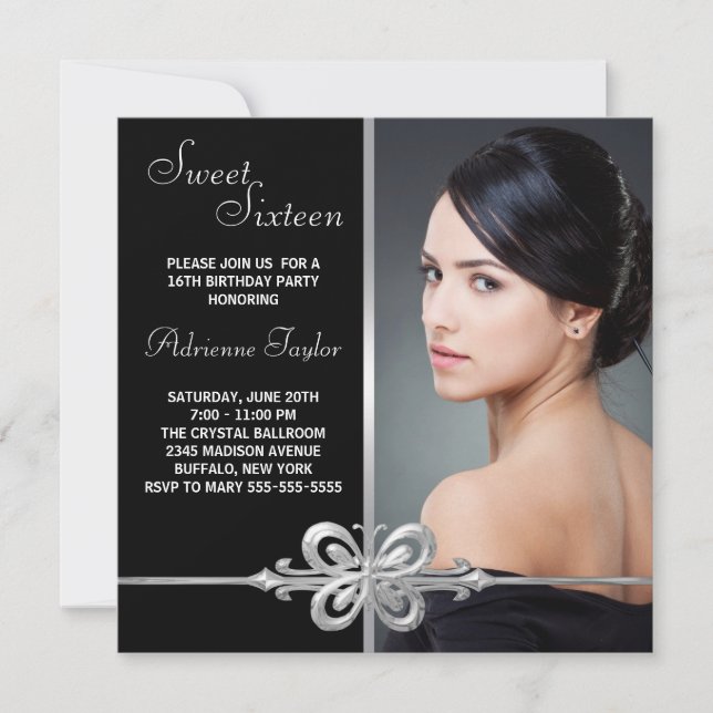 Invitación Foto de mariposa plateada Dulce cumpleaños (Anverso)