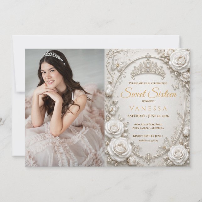 Invitación foto de mariposas princesa dulces 16 (Anverso)