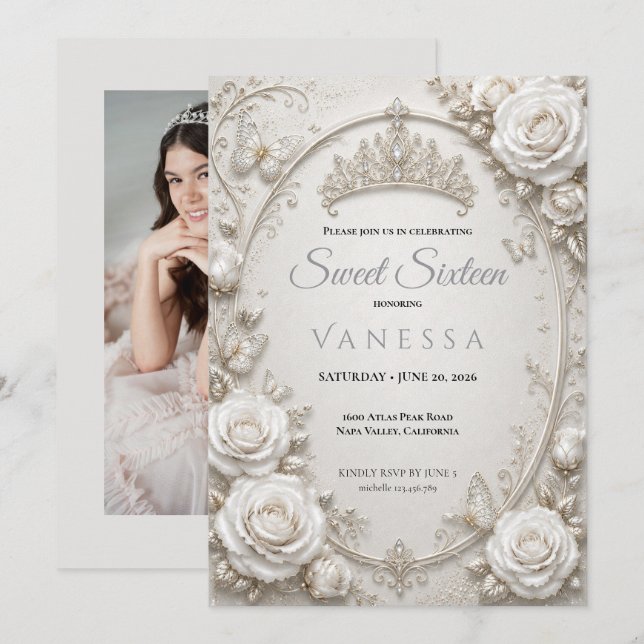 Invitación foto de mariposas princesa dulces 16 (Anverso / Reverso)