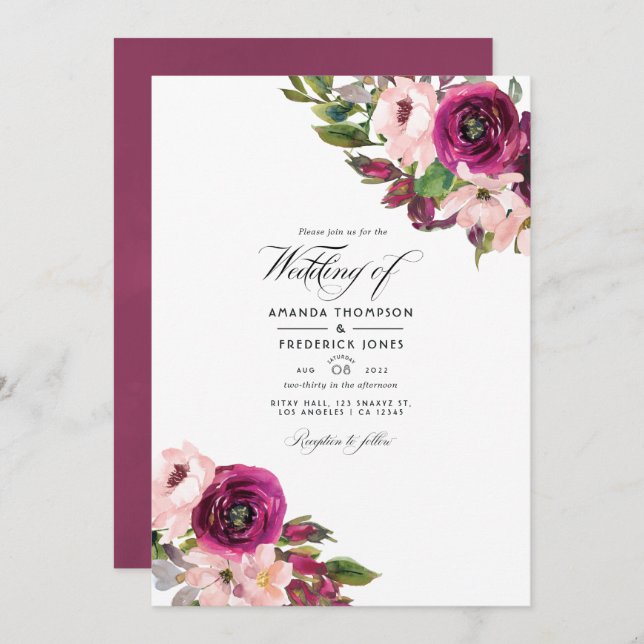 Invitación Foto de Marsala y Boda floral de Rubor (Anverso / Reverso)