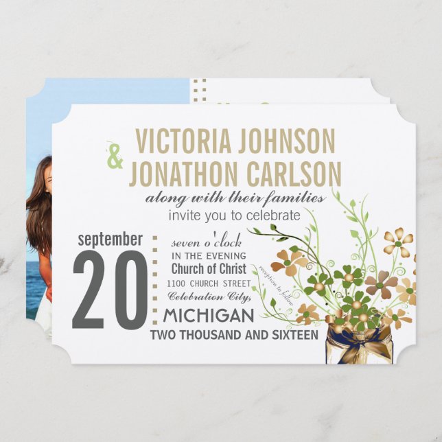 Invitación Foto de Mason Jar Bronze y Boda de Floral Verde (Anverso / Reverso)