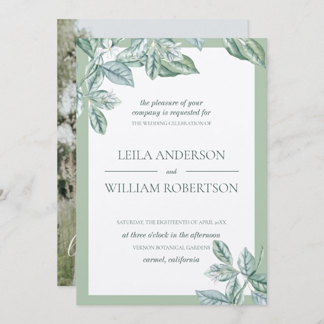Invitación Foto de matrimonio botánico elegante (Anverso / Reverso)