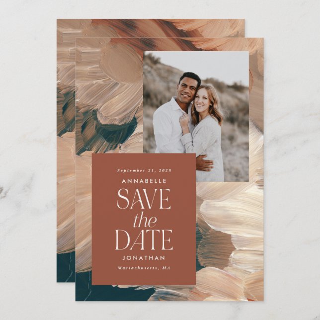 Invitación Foto de moda de terracota verde azulada pintada de (Anverso / Reverso)