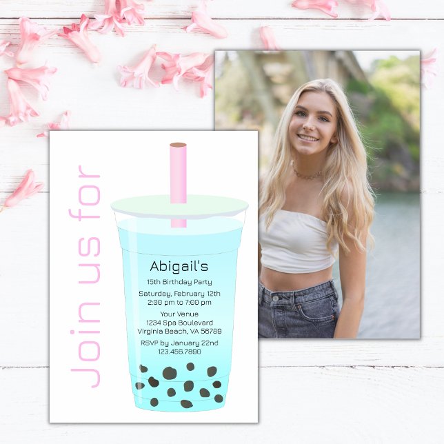 Invitación Foto de moda Moderno Rosa Azul Boba Tea Cumpleaños (Subido por el creador)