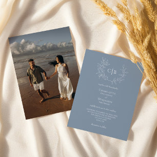 Invitación Foto de monograma de boda minimalista de hoja azul
