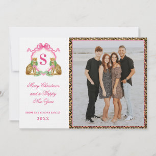 Invitación Foto de monograma de leopardo de Navidad elegante