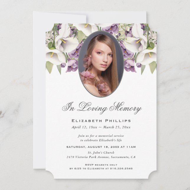 Invitación Foto De Morado White Calla Lily En Memoria Amada (Anverso)