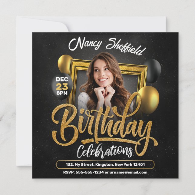 Invitación Foto de mujer de la celebración de cumpleaños de B (Anverso)