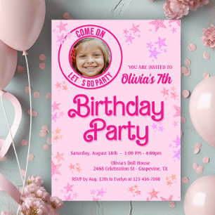 Invitación Foto de muñeca de moda rosa en fiesta de cumpleaño