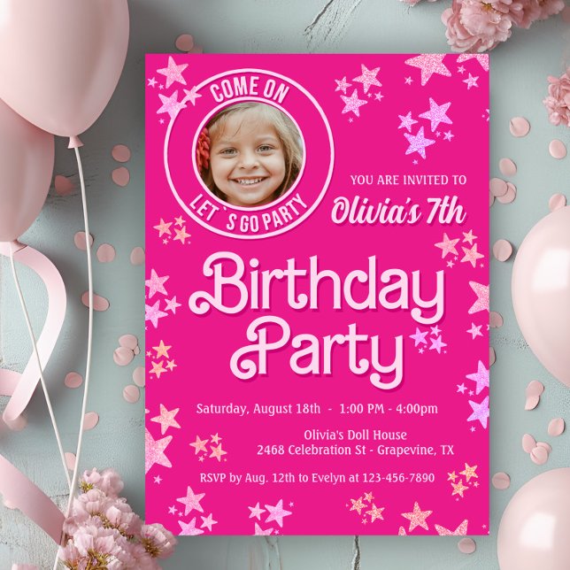 Invitación Foto de muñeca rosa cumpleaños (Cute pink doll photo any number birthday party invitation. Simply add your photo and details.)