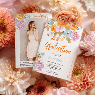 Invitación Foto de naranja púrpura Boho floral graduación
