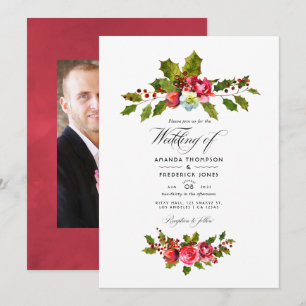 Invitación Foto de Navidad con acebo de boda