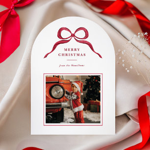 Invitación Foto de Navidad con arco rojo vintage elegante