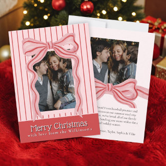Invitación Foto de Navidad con lazo de acuarela rosa y rayas