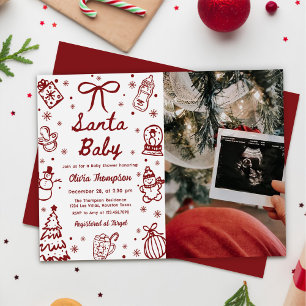 Invitación Foto de Navidad de Santa Claus dibujada a mano roj