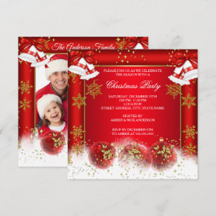 Invitación Foto de Navidad Fiesta de Vacaciones Adorno Rojo D