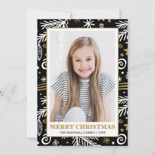 Invitación Foto de Navidades de Doodle Black Gold White Pines