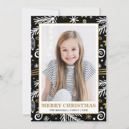 Invitación Foto de Navidades de Doodle Black Gold White Pines