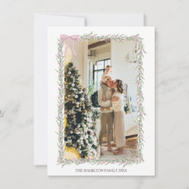 Invitación Foto de Navidades de Green Garland de color rosa